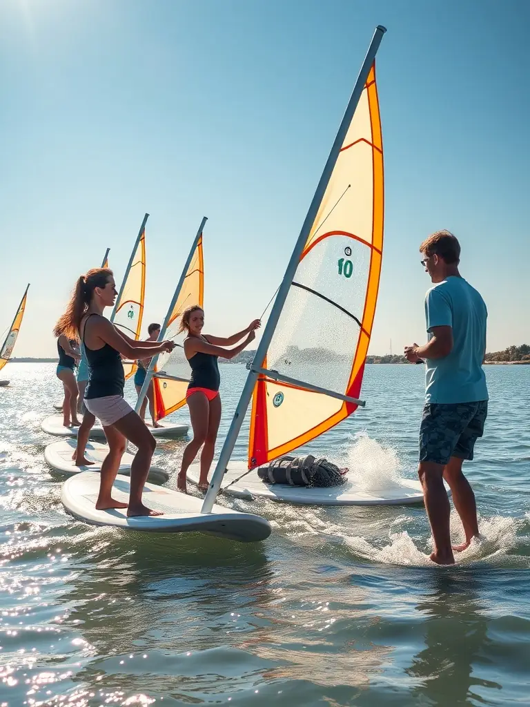 A diverse group of adults participating in a windsurfing lesson on a sunny day, with instructors providing guidance and support.