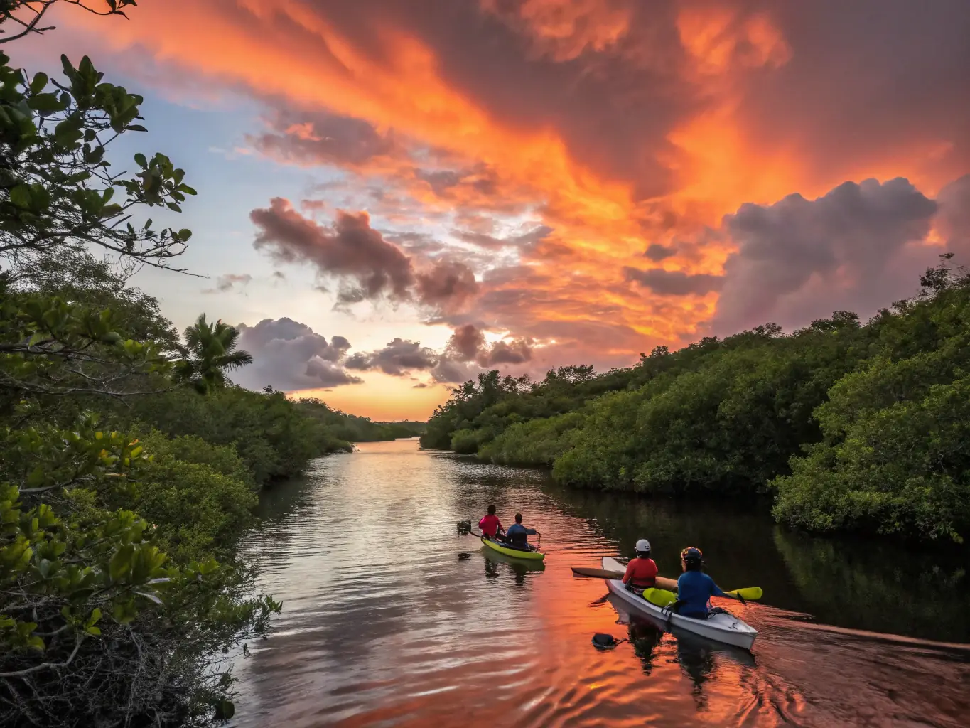 A serene image of kayakers paddling through calm waters at sunset, highlighting the tranquility and beauty of the coastal environment.