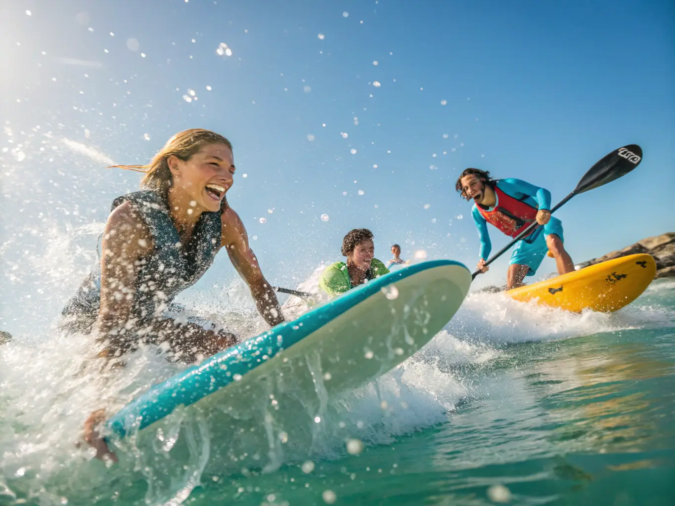 A dynamic photo of adults windsurfing, capturing the speed and excitement of the sport.