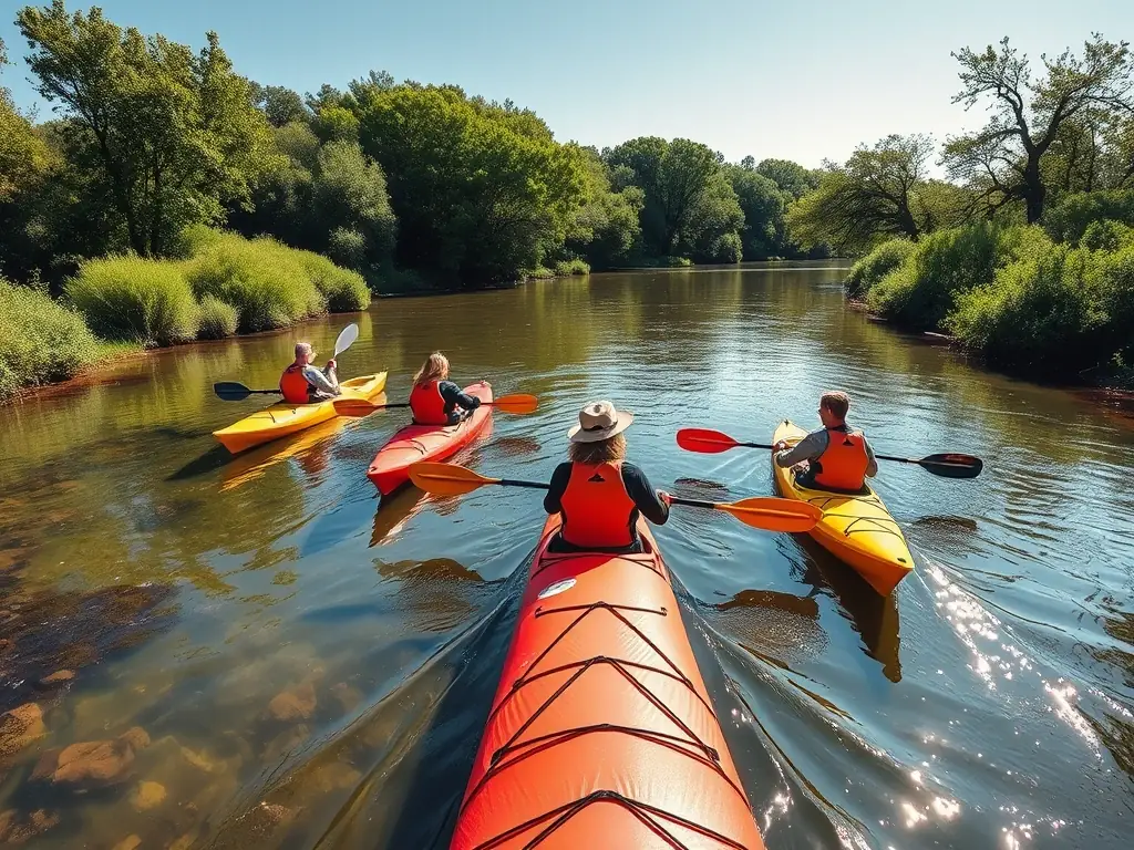 A scenic image of a group kayaking through calm waters, surrounded by lush greenery and clear skies, showcasing the beauty of the natural environment.
