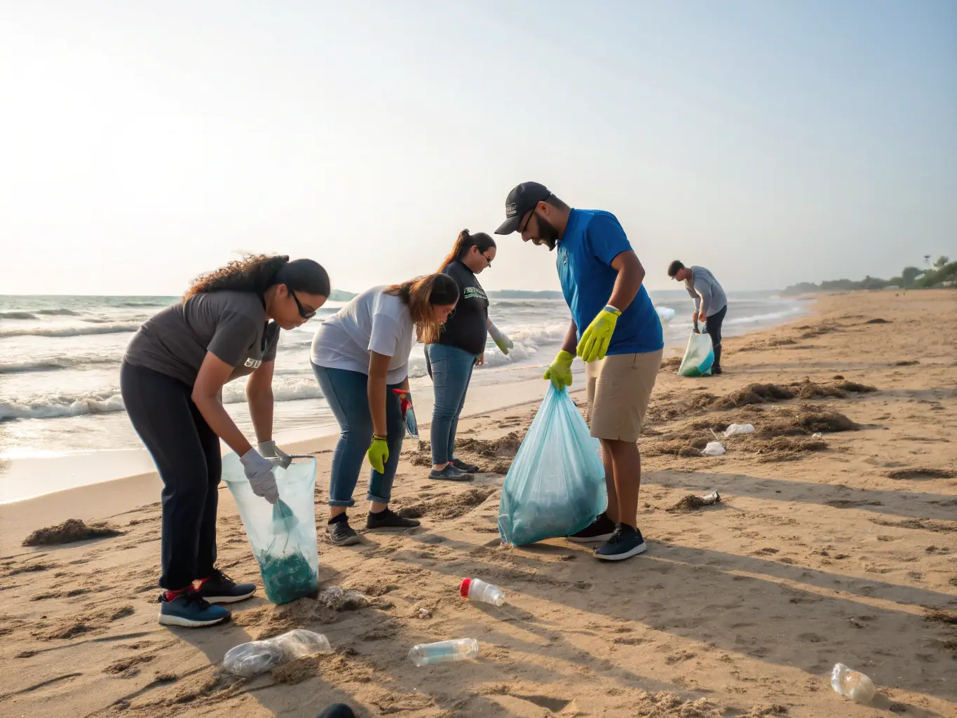 A vibrant photo of community members participating in a beach cleanup event, collecting trash and debris, highlighting the organization's commitment to social responsibility.