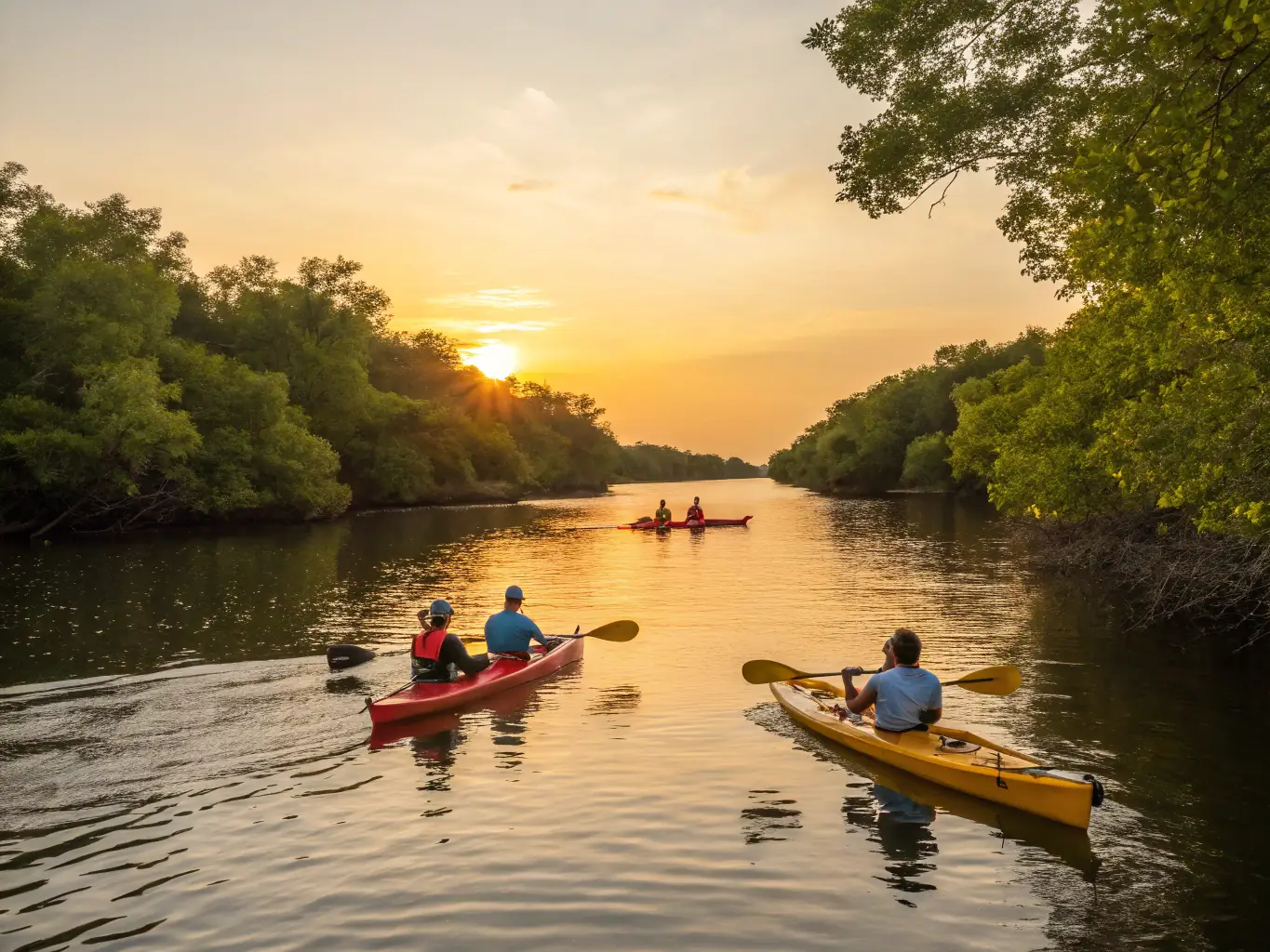 A scenic image of a group kayaking along the coast, highlighting the beauty of the environment and the physical activity involved.